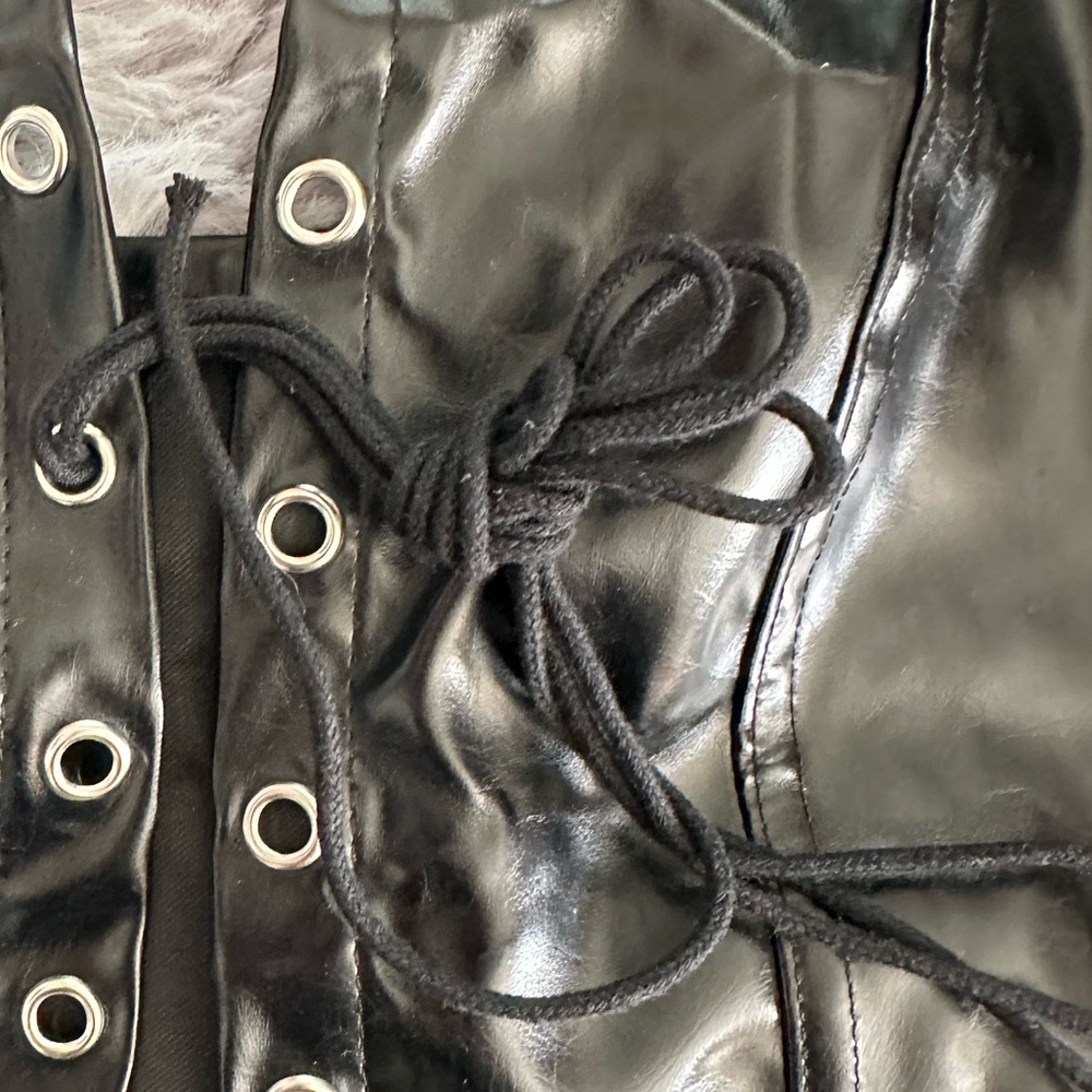 Black Faux Latex Halter Lace-Up Top - Picture 2 of 7